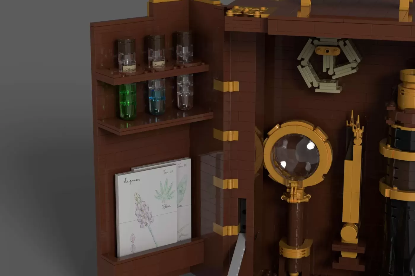 LEGO botanical display cabinet with microscope, specimen bottles, and botanical sketches in brown and tan.