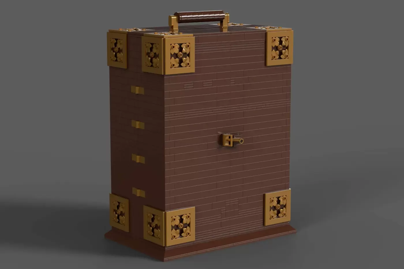 Ornate wooden trunk with brass corner fittings and decorative panels, featuring a leather handle and central lock mechanism.