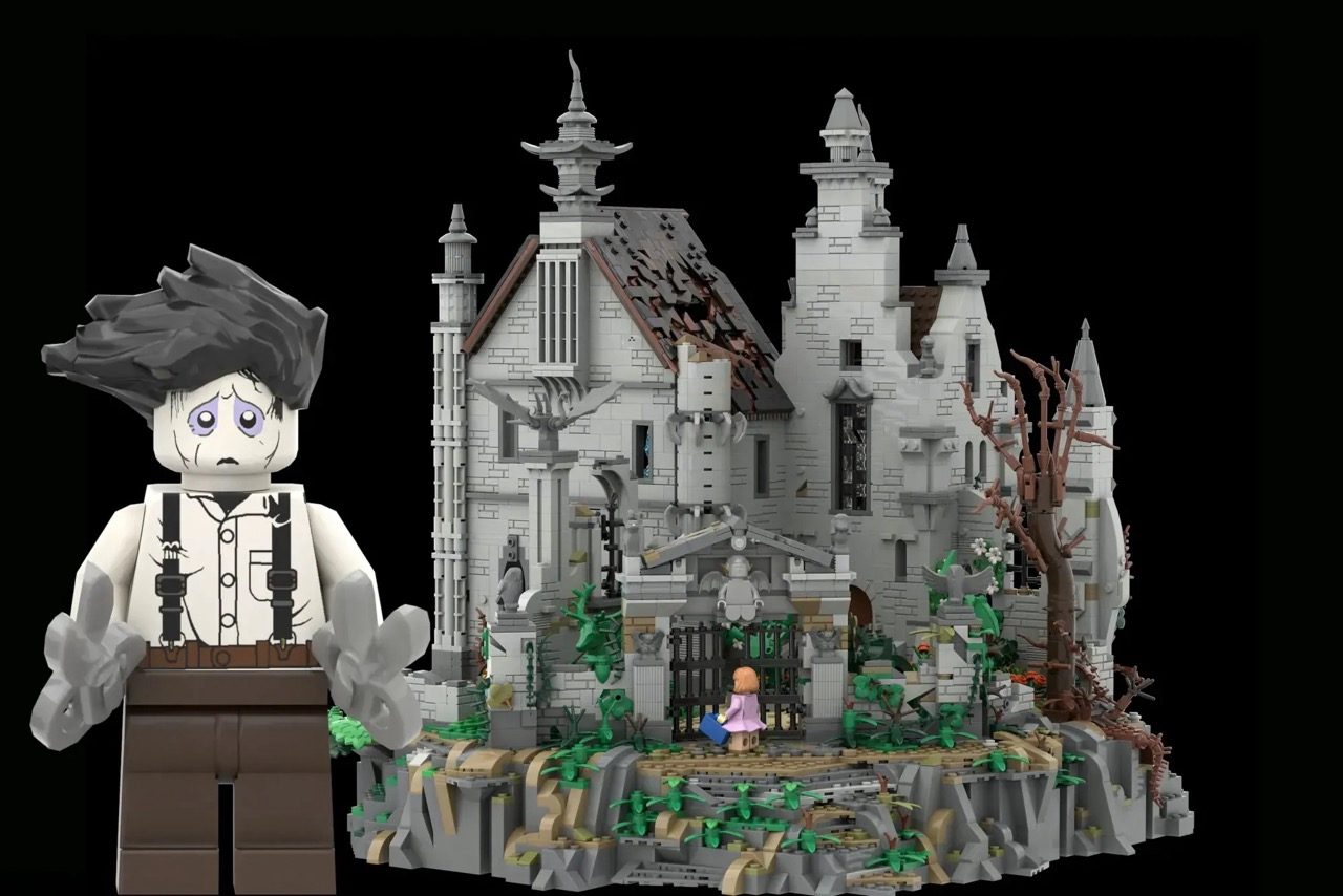 LEGO Edward Scissorhands minifigure and haunted mansion set with ivy, dead tree, and overgrown garden scenery.