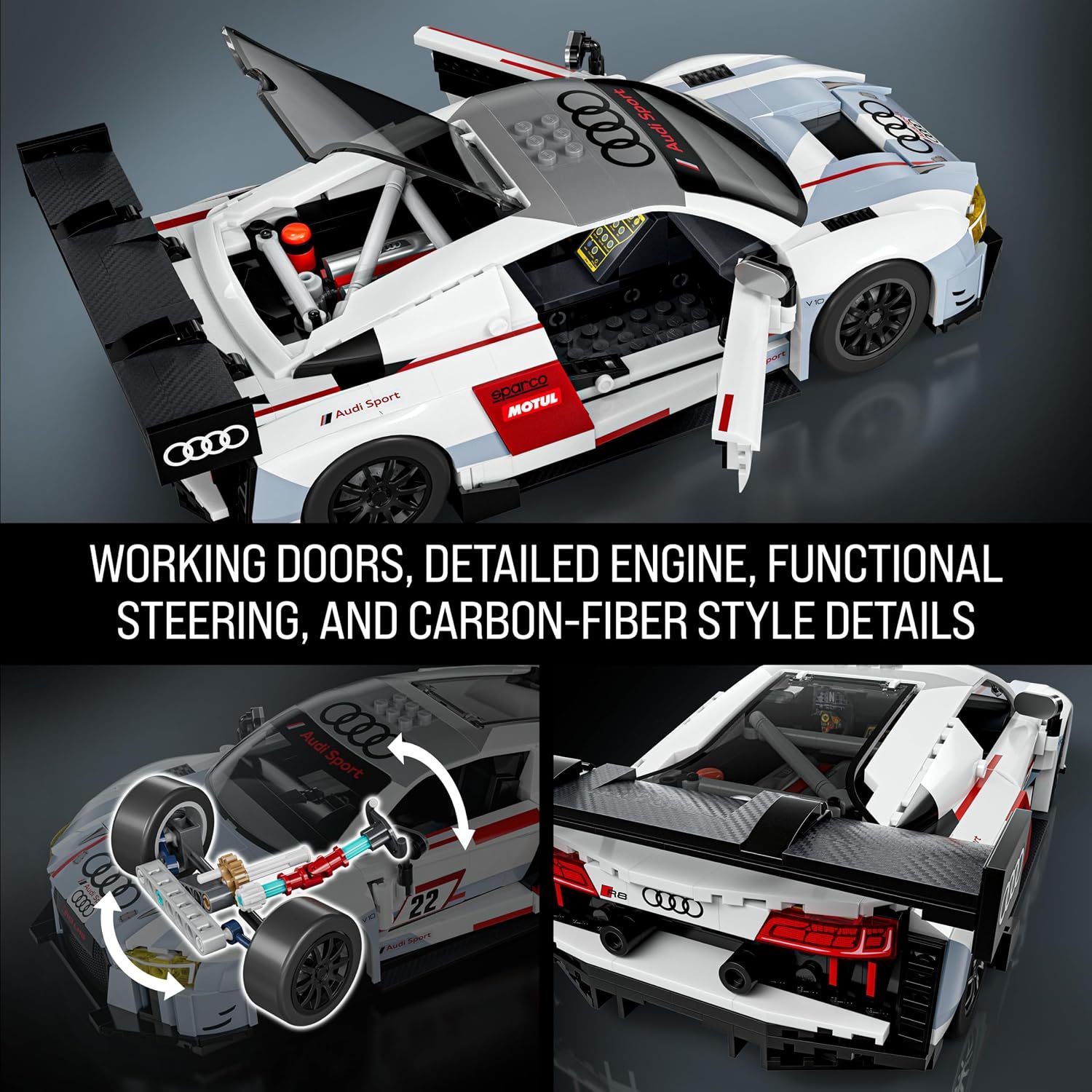 LEGO Audi R8 LMS set with working doors, detailed engine, functional steering, and carbon-fiber details.