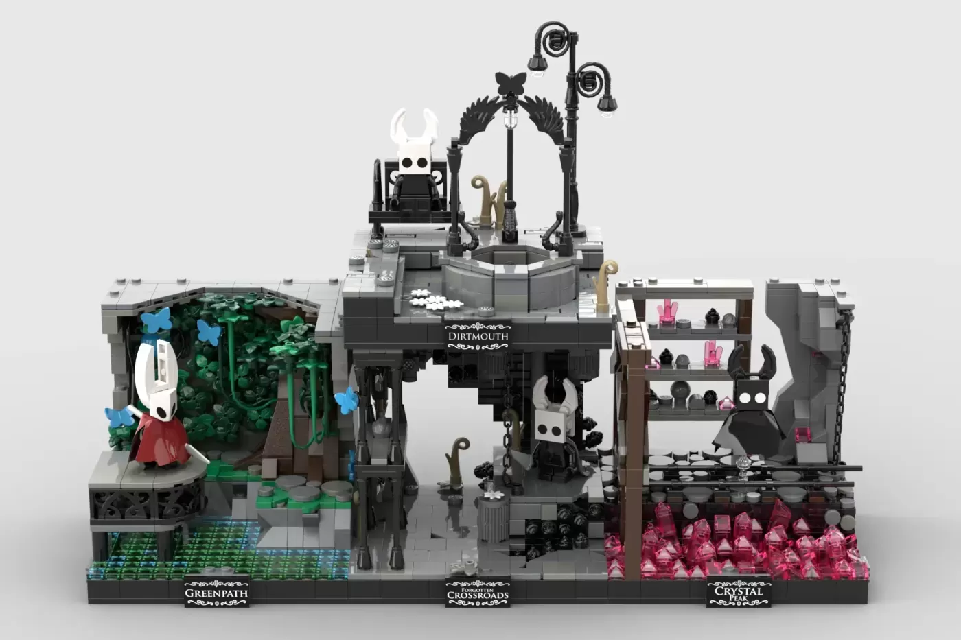 LEGO Dirtmouth set from Hollow Knight with three themed zones: Greenpath, Crossroads, and Crystal areas with minifigures.