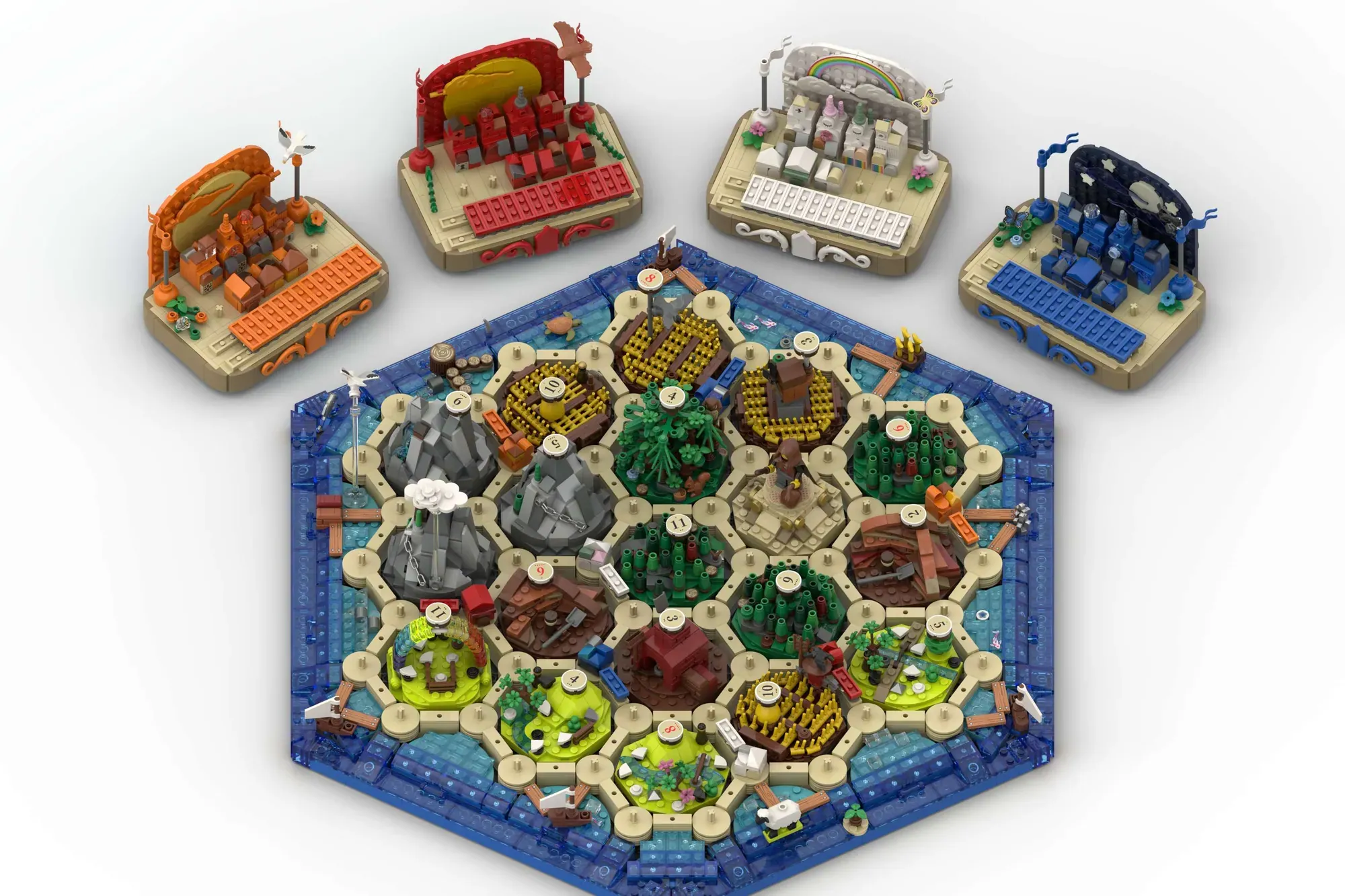 LEGO Catan board game set with hexagonal tiles, four player settlement trays, and detailed landscape features in brick form.