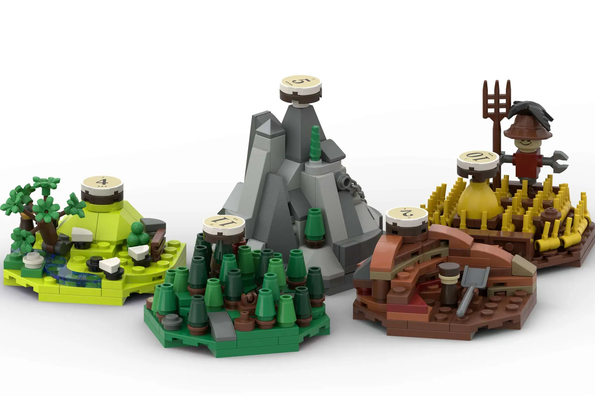 Four LEGO Catan game boards featuring terrain hexes, minifigures, and resource tokens displayed together.