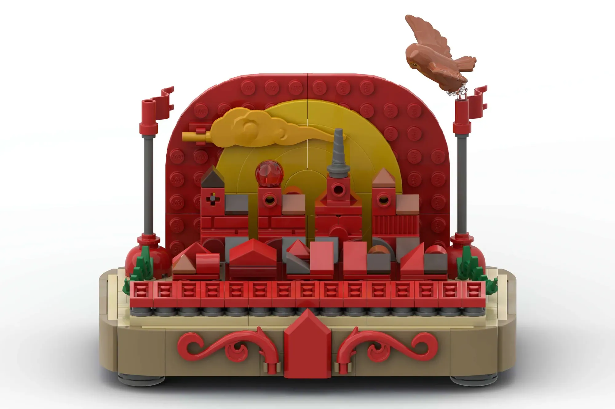 LEGO architectural model featuring red buildings with yellow backdrop, brown eagle sculpture, and decorative base platform.