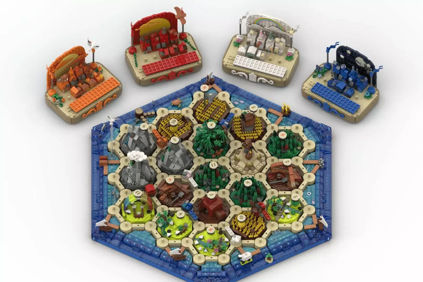 LEGO Catan board with hexagonal terrain tiles, resource cards, and four player settlement trays in orange, red, tan, and b…