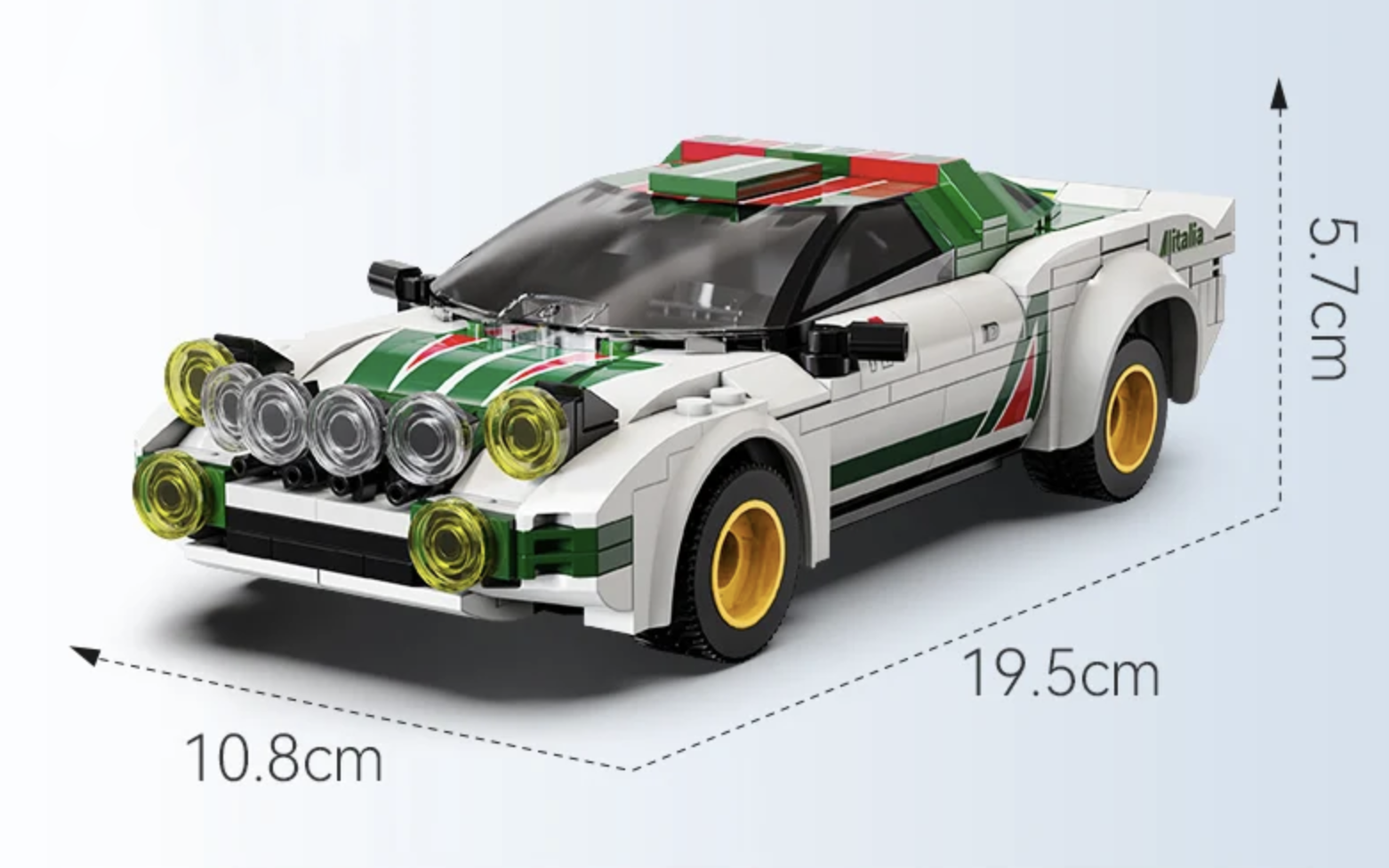 LEGO Lancia Stratos HF rally car with white and green body, yellow wheels, and roof-mounted lights, dimensions shown.