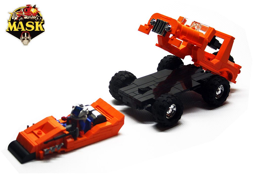 M.A.S.K. LEGO vehicles: red sports car, orange truck, and red/blue robot transformation figure.