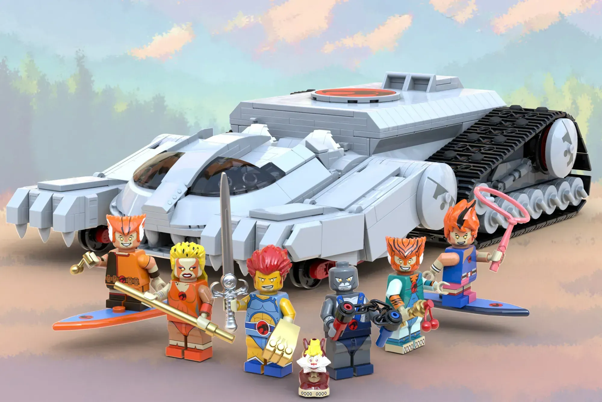 LEGO Ideas set featuring white and gray futuristic vehicle with tank treads, five colorful minifigures with wild hair, and…
