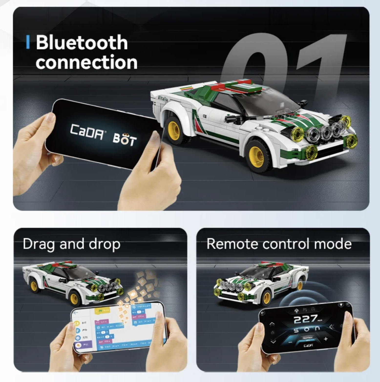 Bluetooth-controlled LEGO Lancia Stratos with smartphone app showing drag-and-drop and remote control modes.