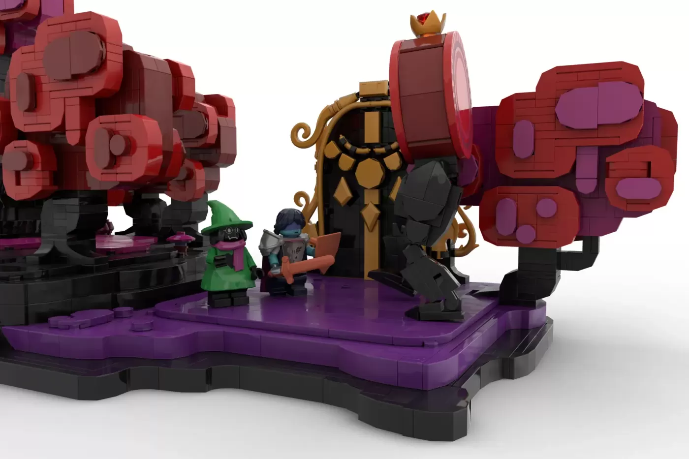 LEGO Deltarune Dark World set featuring red castle structures, minifigures, and purple baseplate with detailed architectur…