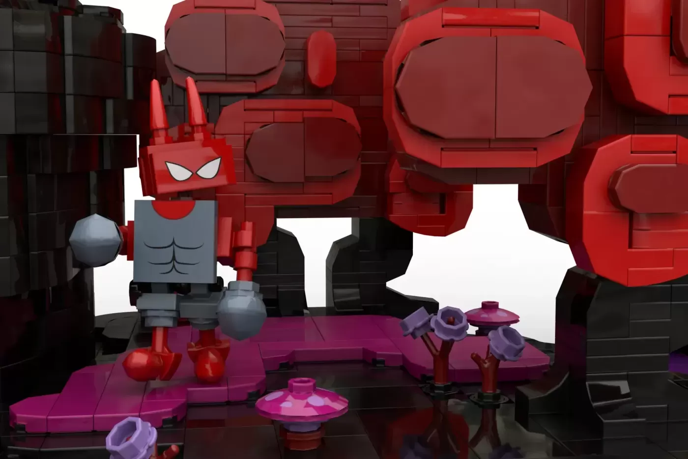 LEGO Deltarune Dark World set featuring red robot minifigure, magenta terrain, and black architectural structures.