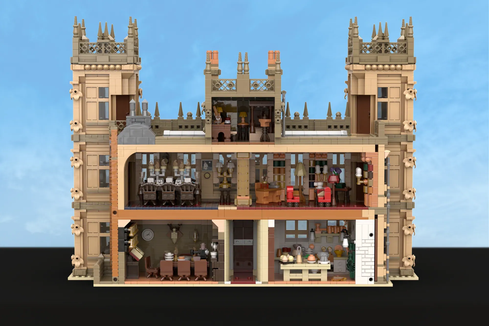 LEGO Downton Abbey mansion set with ornate towers, three interior floors showing dining room, library, kitchen, and roofto…
