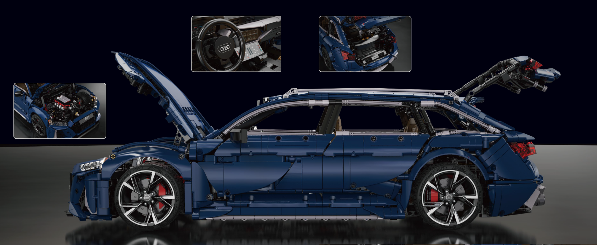 Blue CaDA Audi RS6 LEGO set with detailed engine, steering wheel, and interior components shown in inset photos.