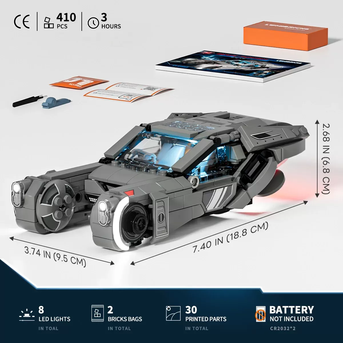Lumibricks Blade Runner 2049 spinner car set with 410 pieces, LED lights, and instruction manual displayed.