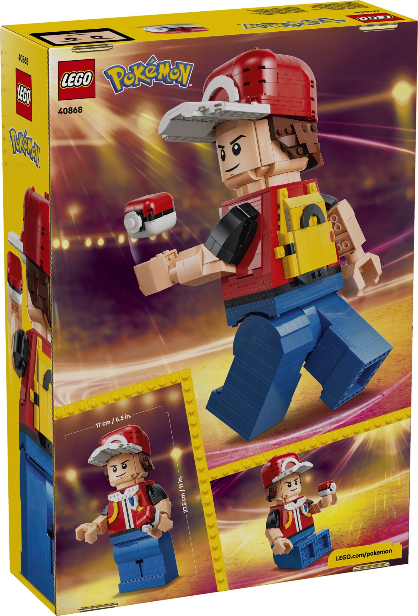 LEGO Pokémon set 40868 featuring a buildable Ash minifigure with red cap, yellow backpack, and Poké Ball accessory.