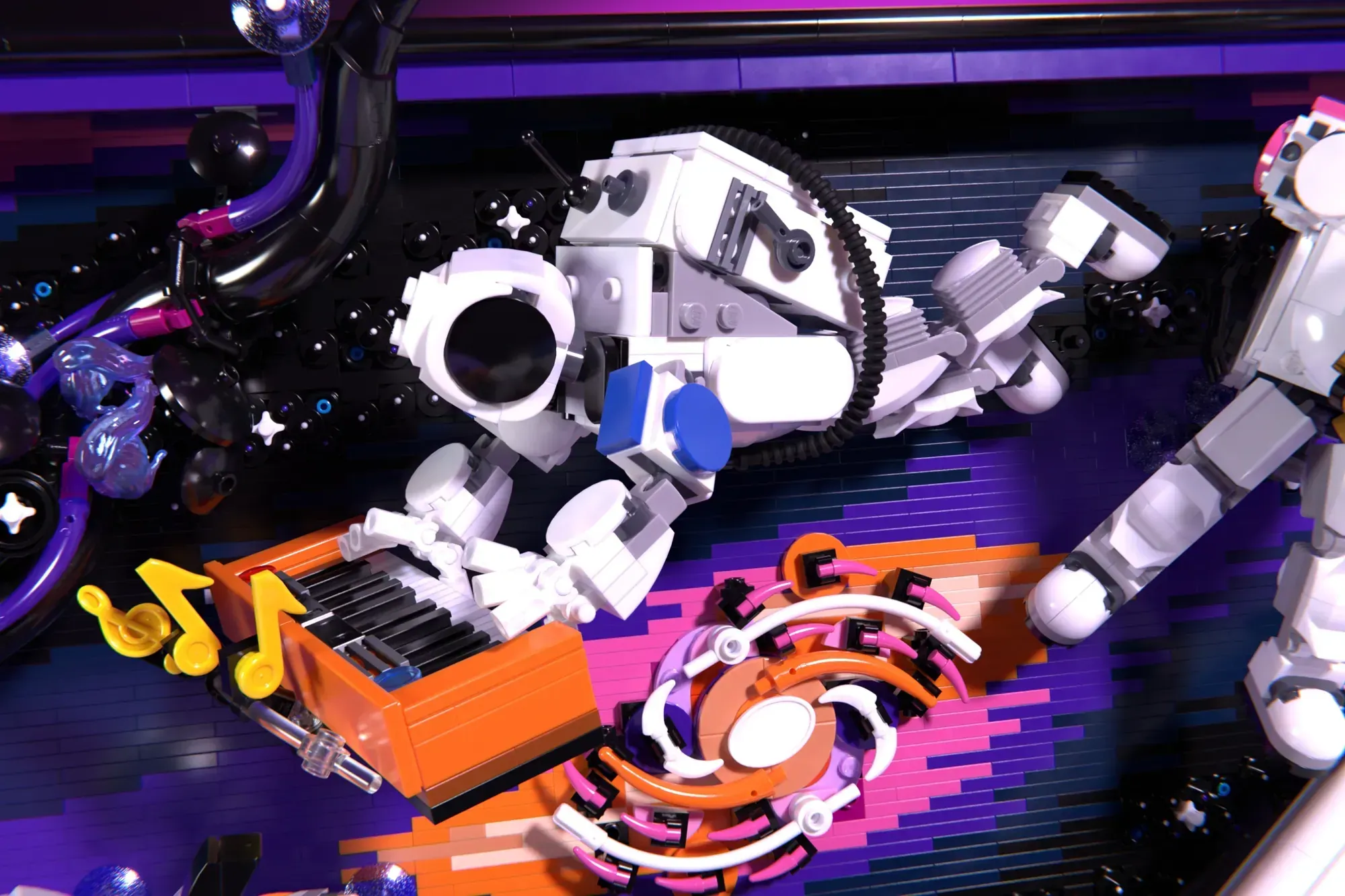 LEGO robots and musical instruments floating in zero gravity with purple and orange neon lighting.