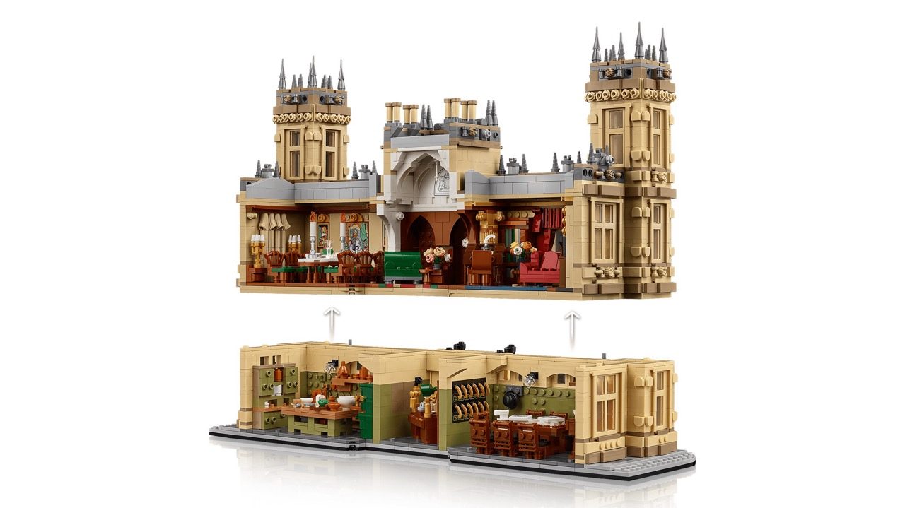 LEGO Downton Abbey set displaying Highclere Castle with ornate towers and detailed interior rooms including kitchen and di…