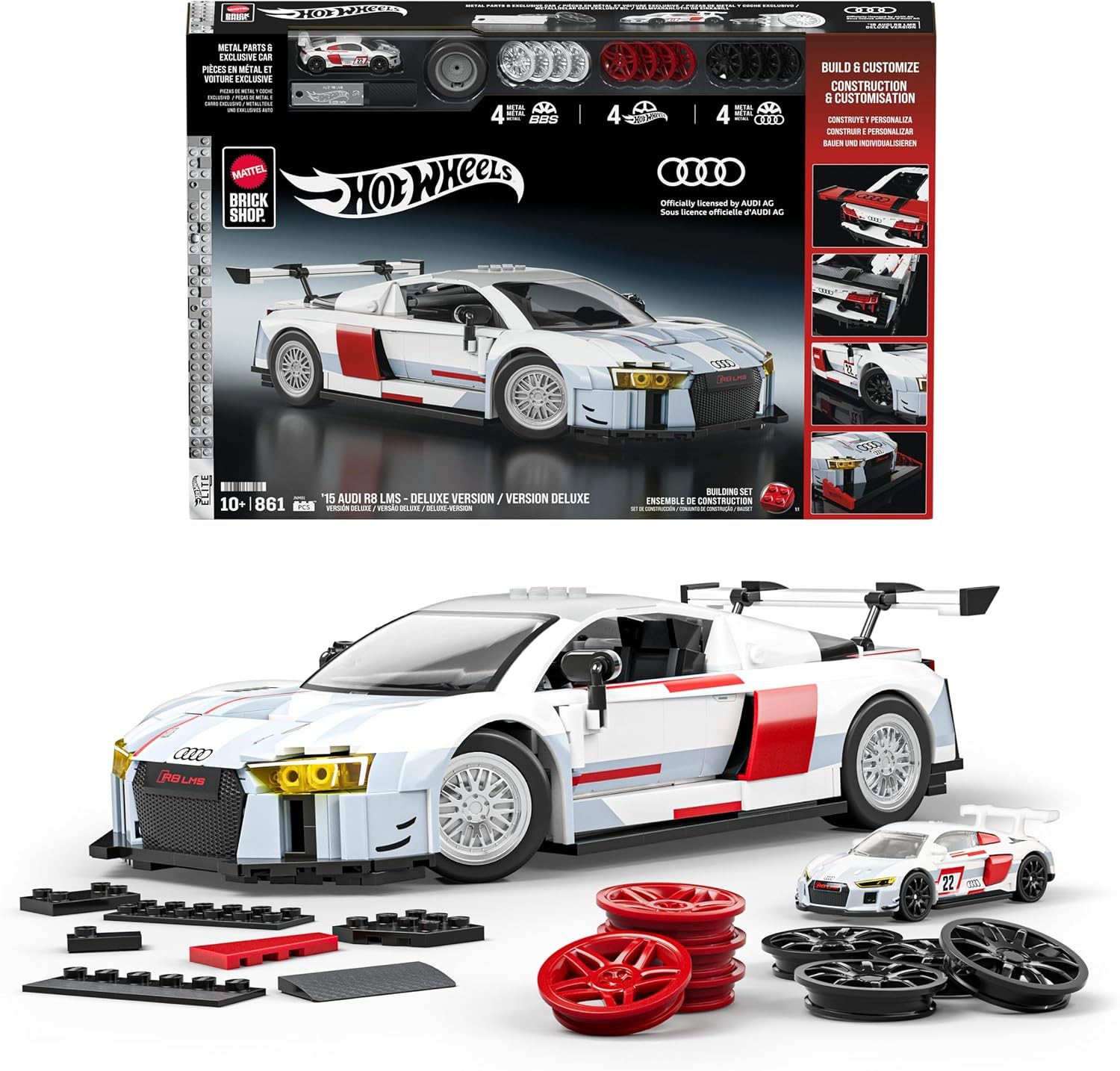Hot Wheels Brick Shop '15 Audi R8 LMS 861-piece buildable set with interchangeable wheels and mini car model.