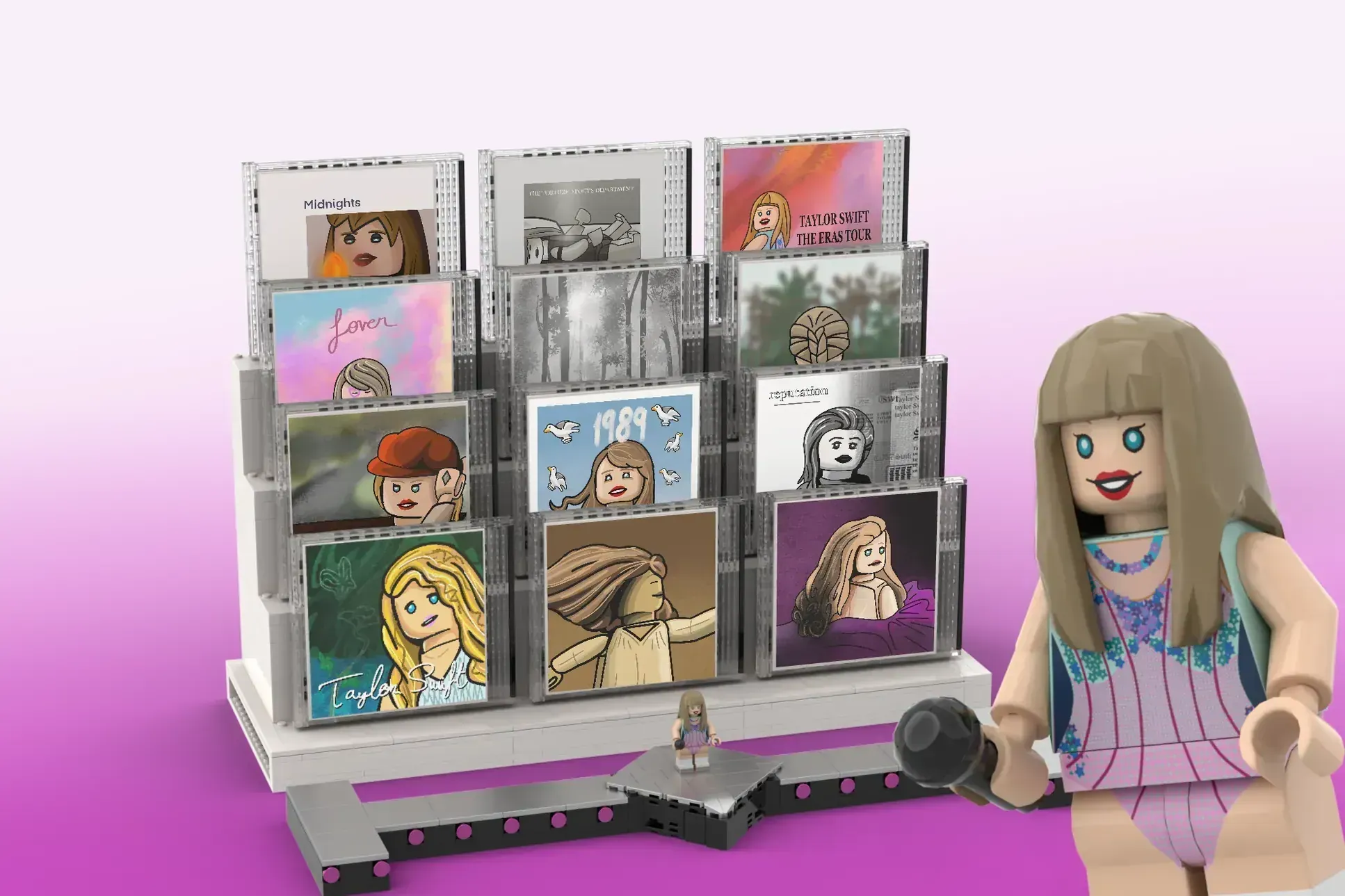 LEGO Ideas Taylor Swift album display set with minifigure and CD storage shelves featuring album artwork.