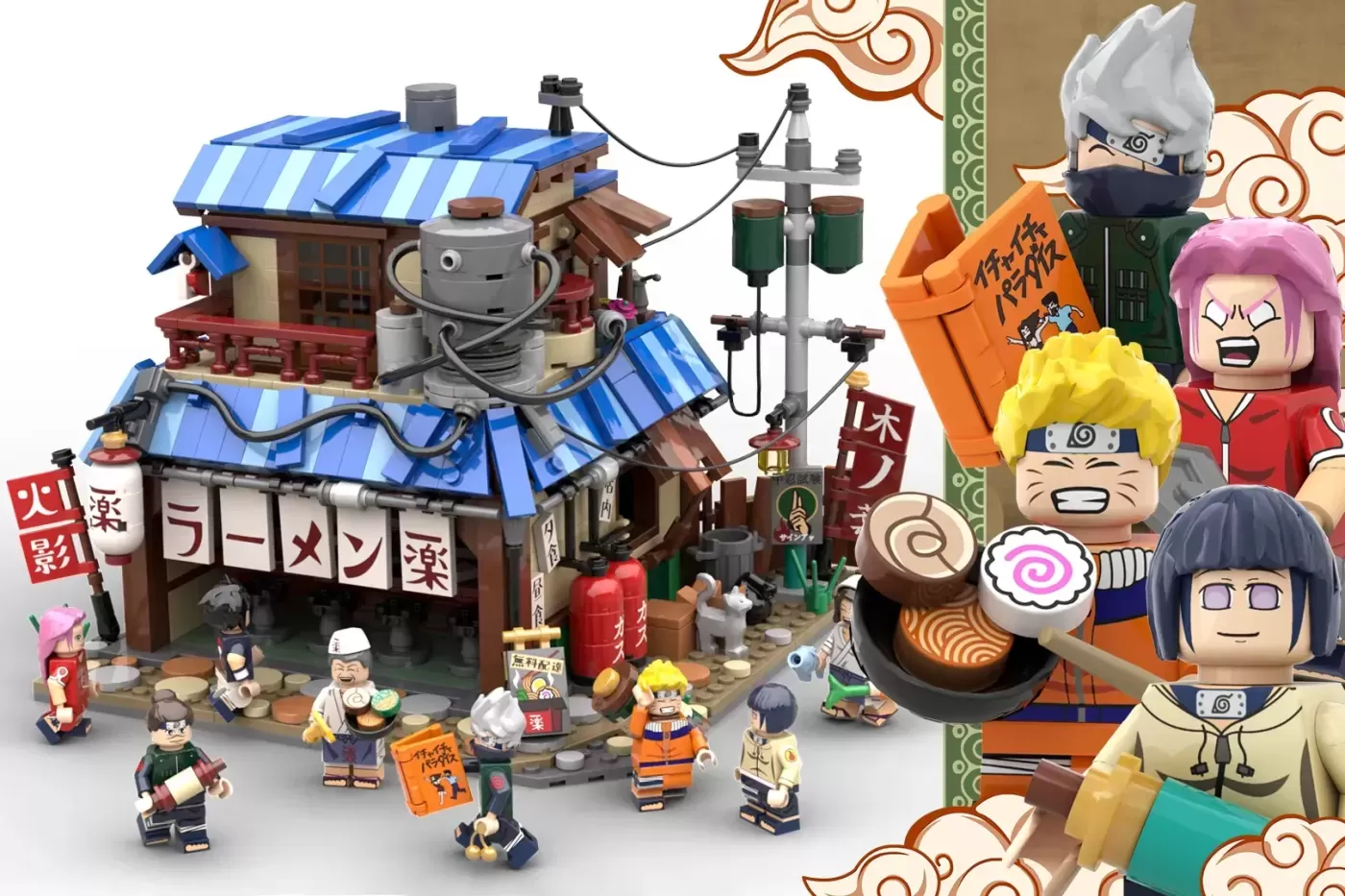 LEGO Naruto ramen shop set with minifigures and detailed Japanese-inspired building with blue striped roof.