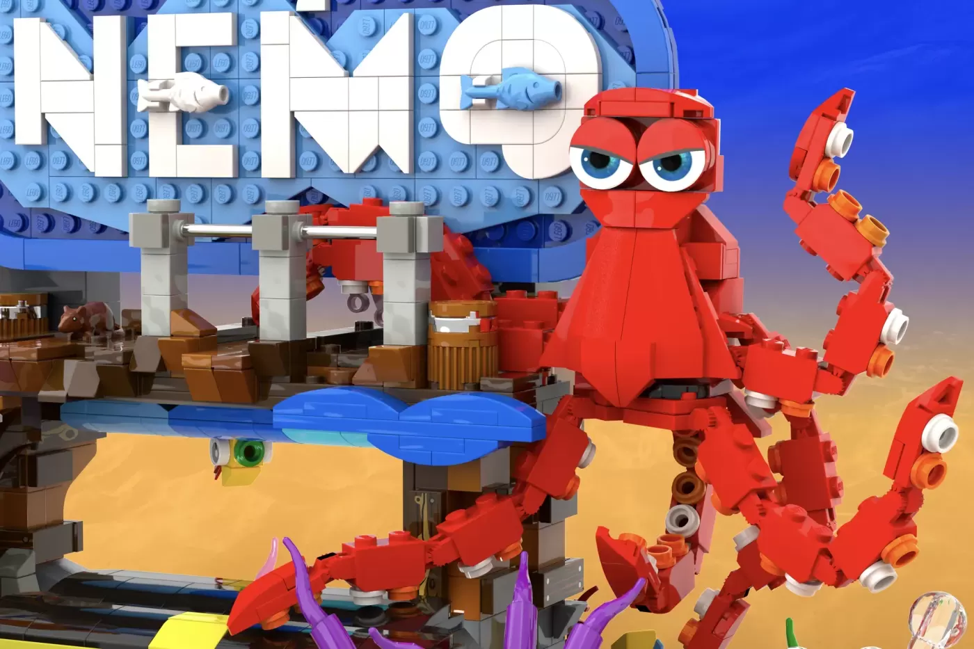 LEGO Ideas Finding Nemo set featuring red octopus minifigure, sandy ocean floor, blue water, and detailed coral structures.