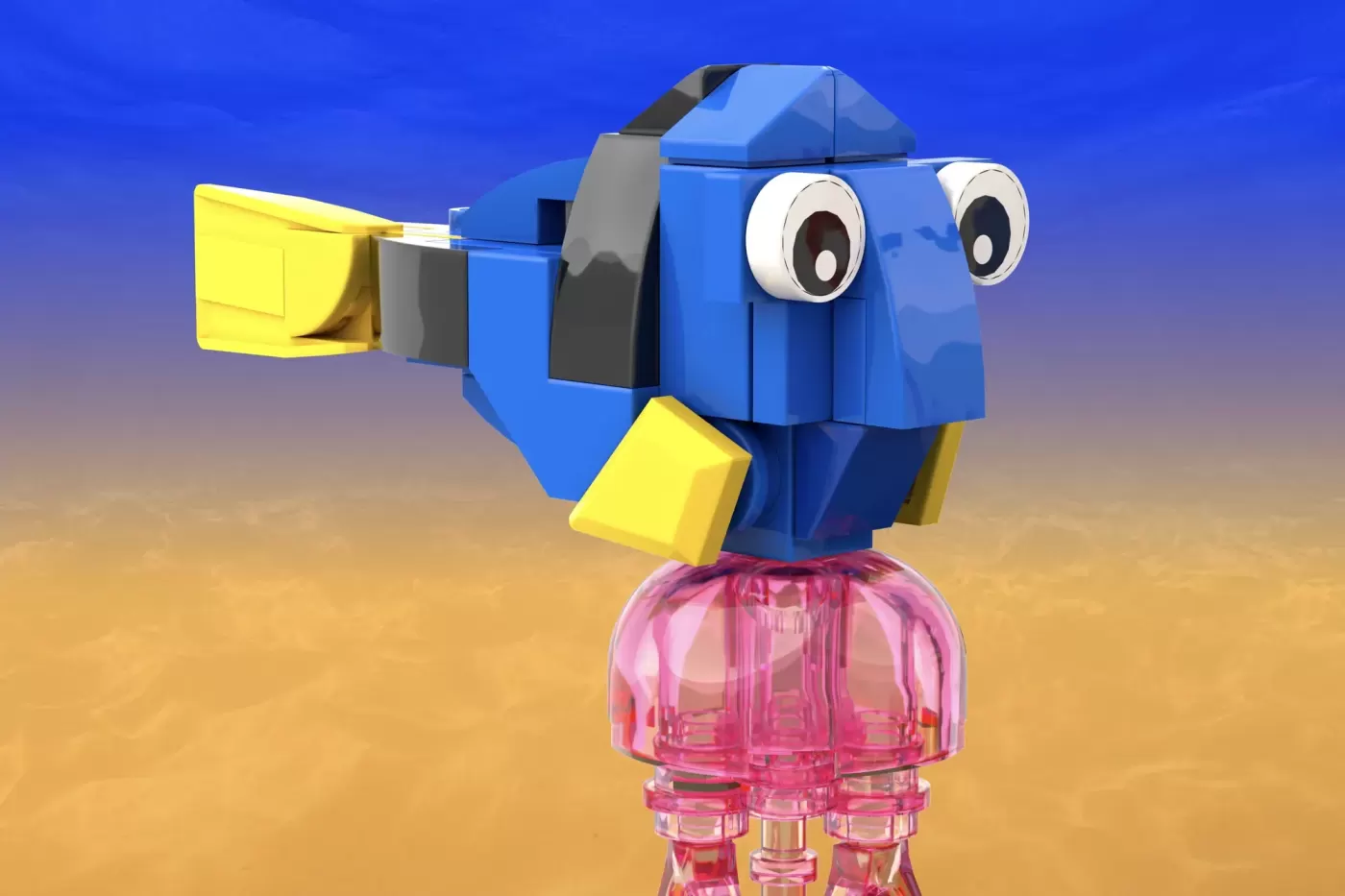 LEGO Dory minifigure with blue blocky head, yellow fins, and pink translucent jellyfish-like body against gradient ocean b…