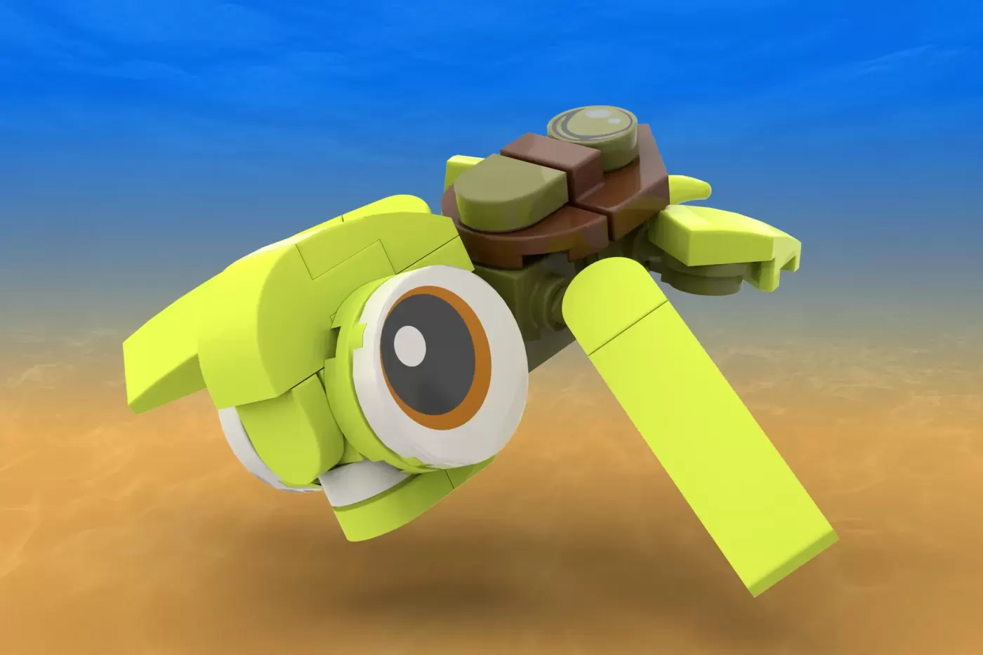 LEGO brick model of Crush the sea turtle from Finding Nemo, featuring lime green and brown pieces against blue sky and san…