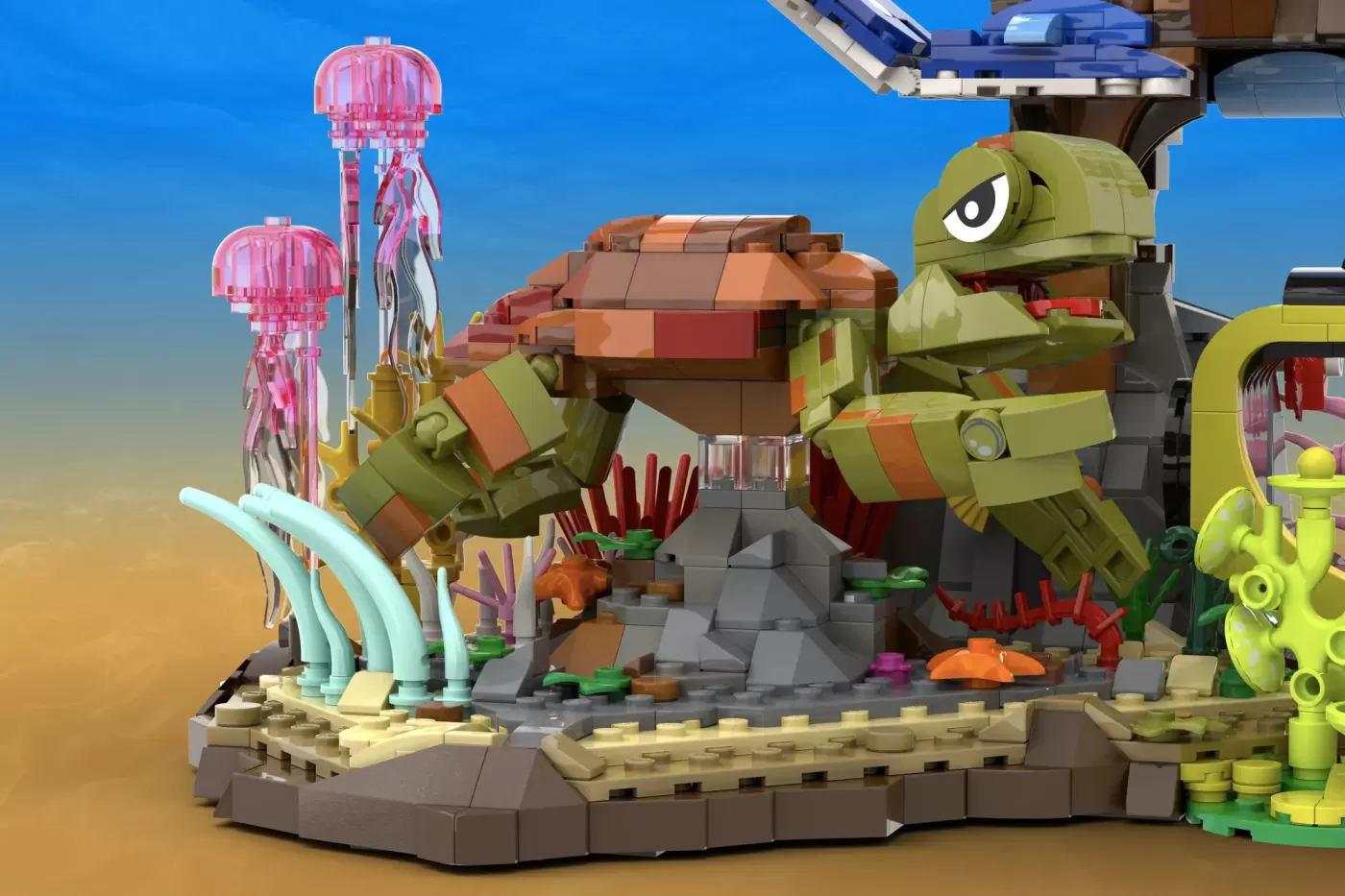 LEGO Finding Nemo set featuring turtle character with coral reef, jellyfish, and ocean scenery on sandy base.