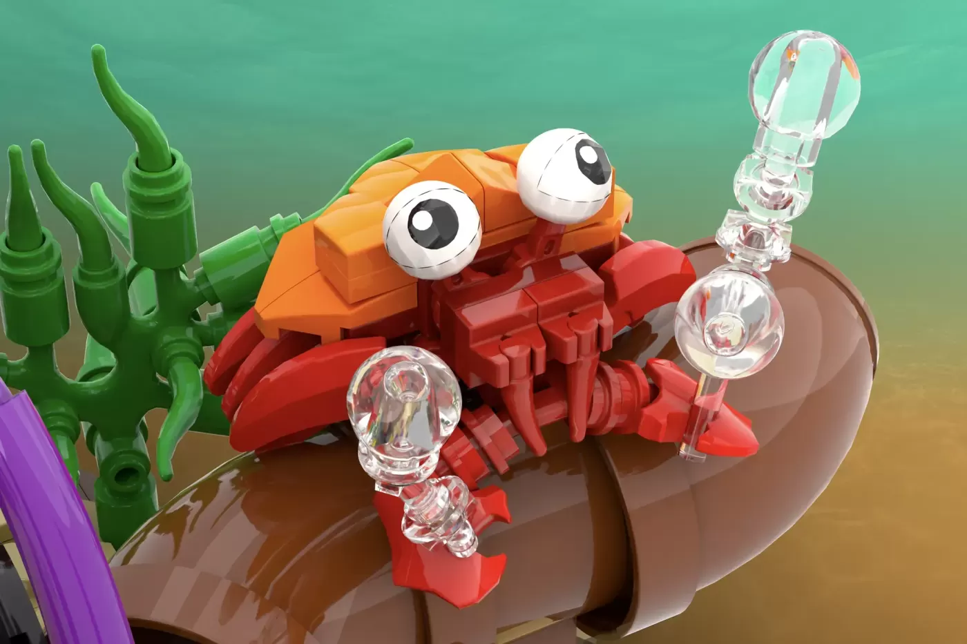 LEGO crab figure with large googly eyes on brown base, surrounded by green seaweed and purple coral elements.