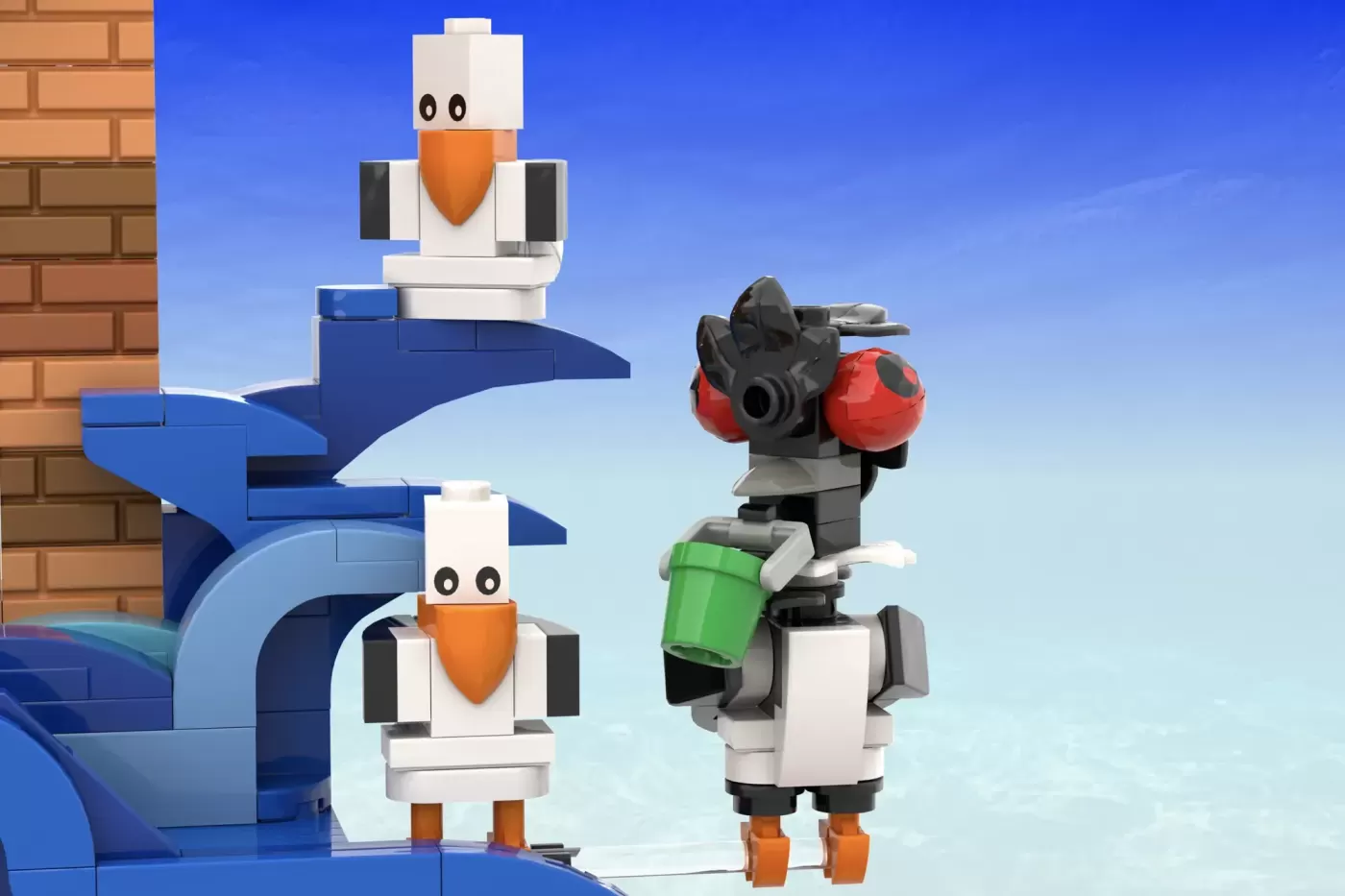 LEGO figures of Seagulls Bruce the shark with boxing gloves near brick structure and blue architectural elements.