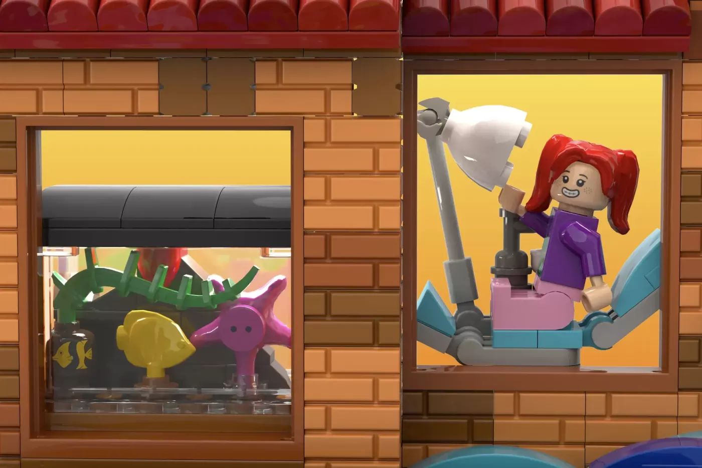 Two LEGO storefronts displaying a Finding Nemo set with minifigure and colorful ocean creatures inside.