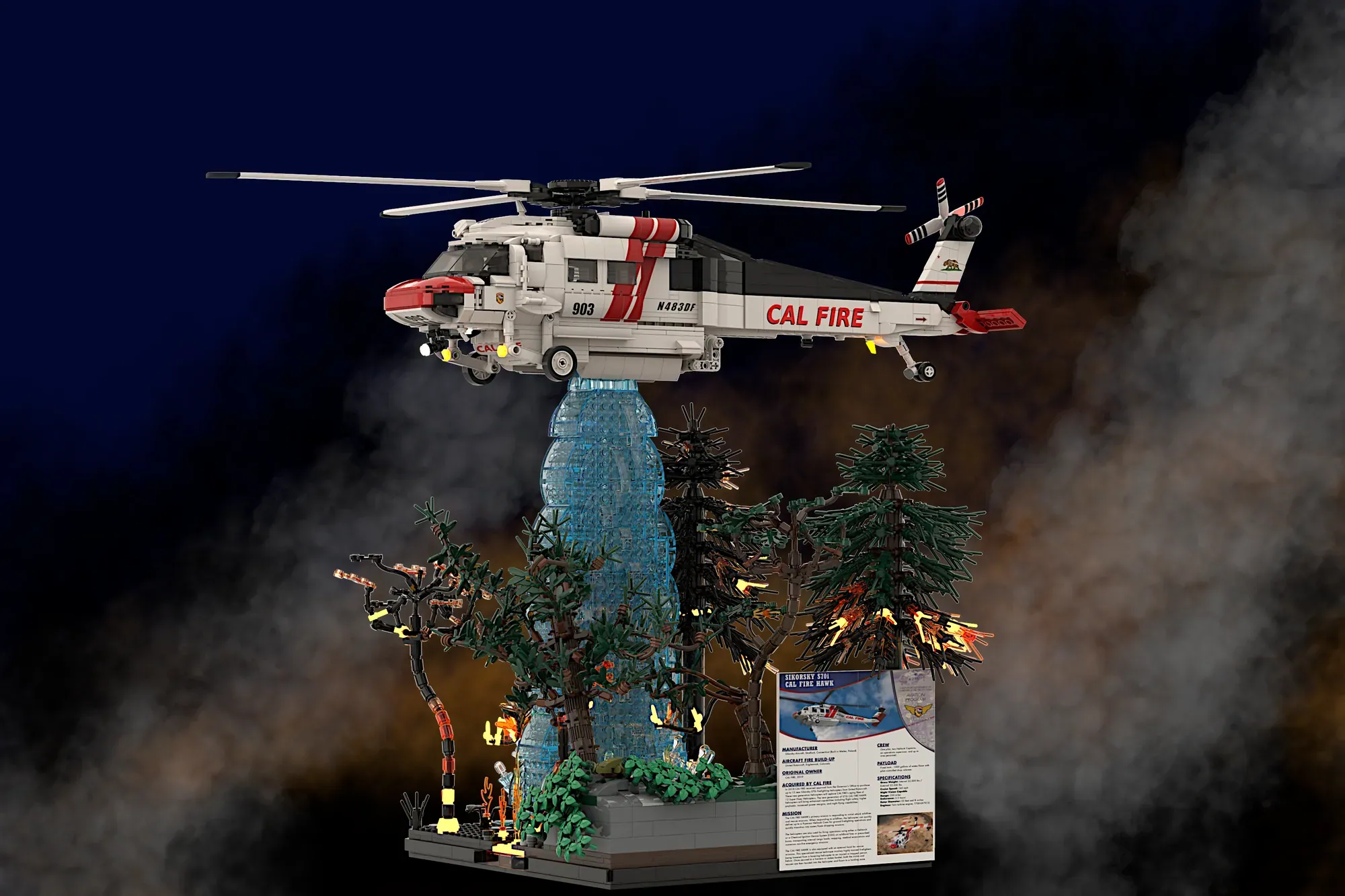 LEGO CAL FIRE Firehawk helicopter with water bucket over forest scene with burning trees and waterfall base display.