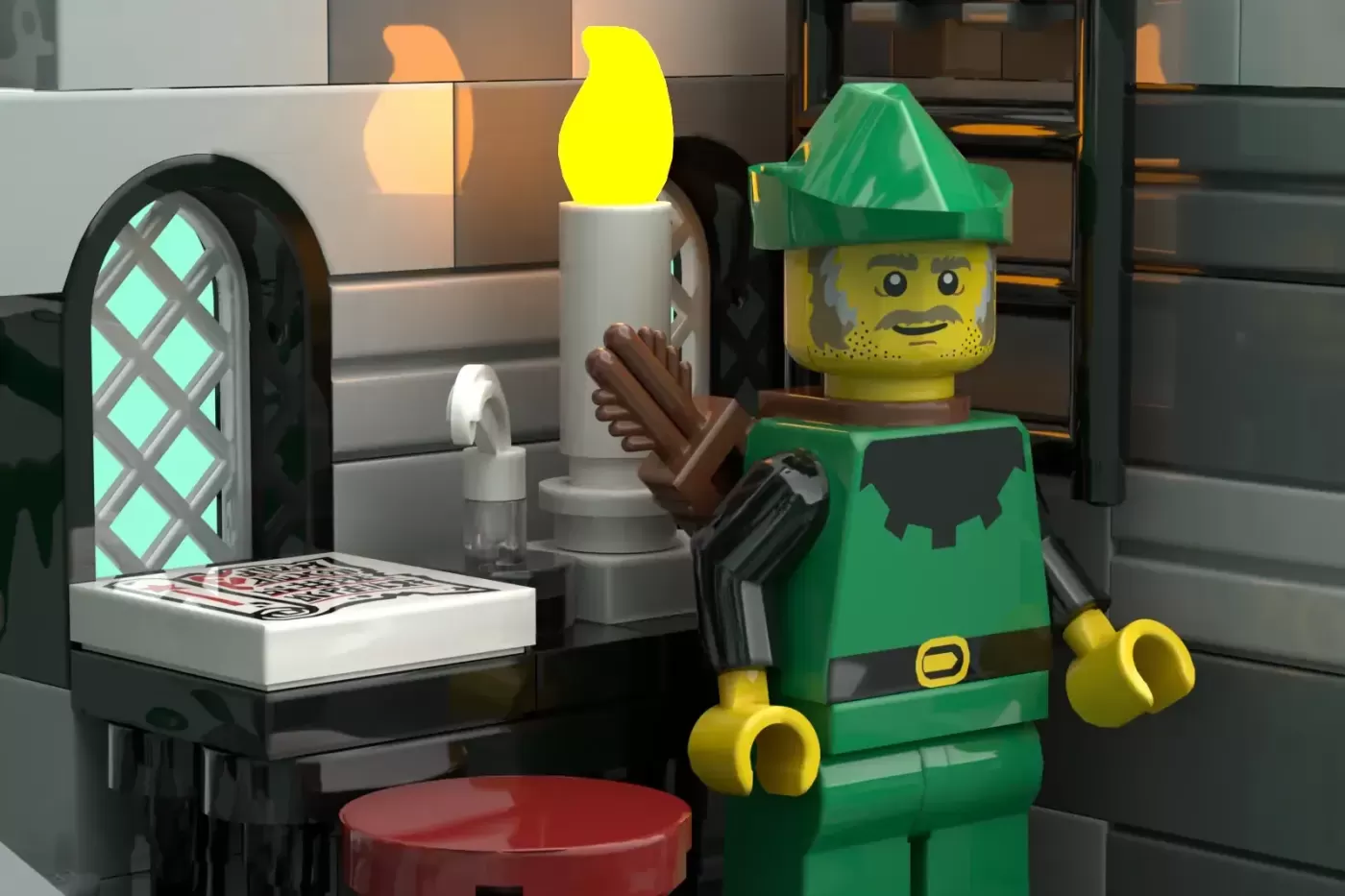 LEGO Forestmen minifigure in green outfit with hat standing in interior outpost with lamp, fireplace, and window.