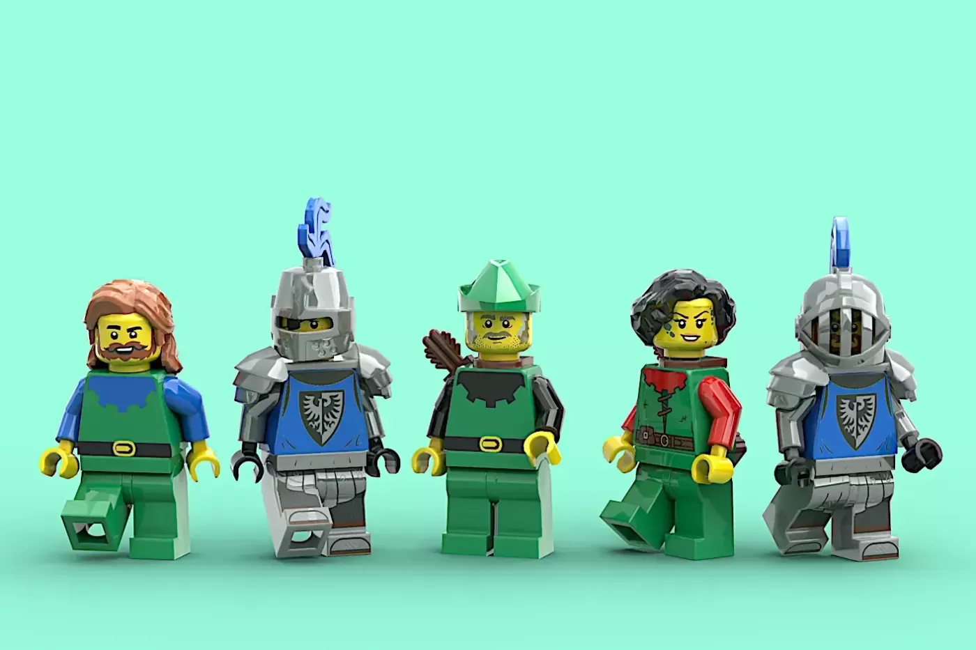 Five LEGO Forestmen minifigures with green and blue outfits standing against a turquoise background.