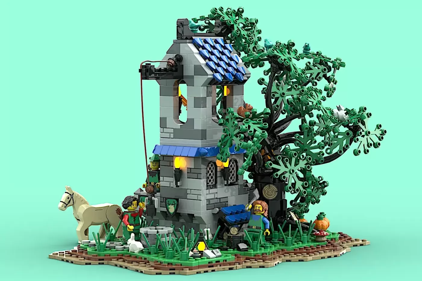 LEGO Forestmen Outpost tower with stone base, ivy-covered walls, minifigures, horse, and detailed landscape elements.