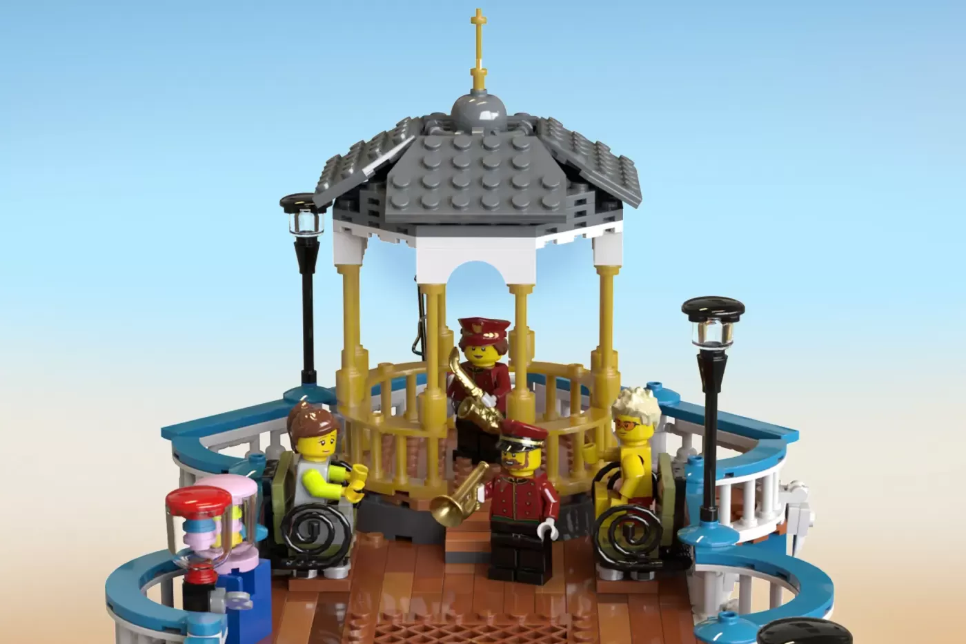 LEGO Victorian pier gazebo with minifigures, lamp posts, and decorative details on a circular blue base.