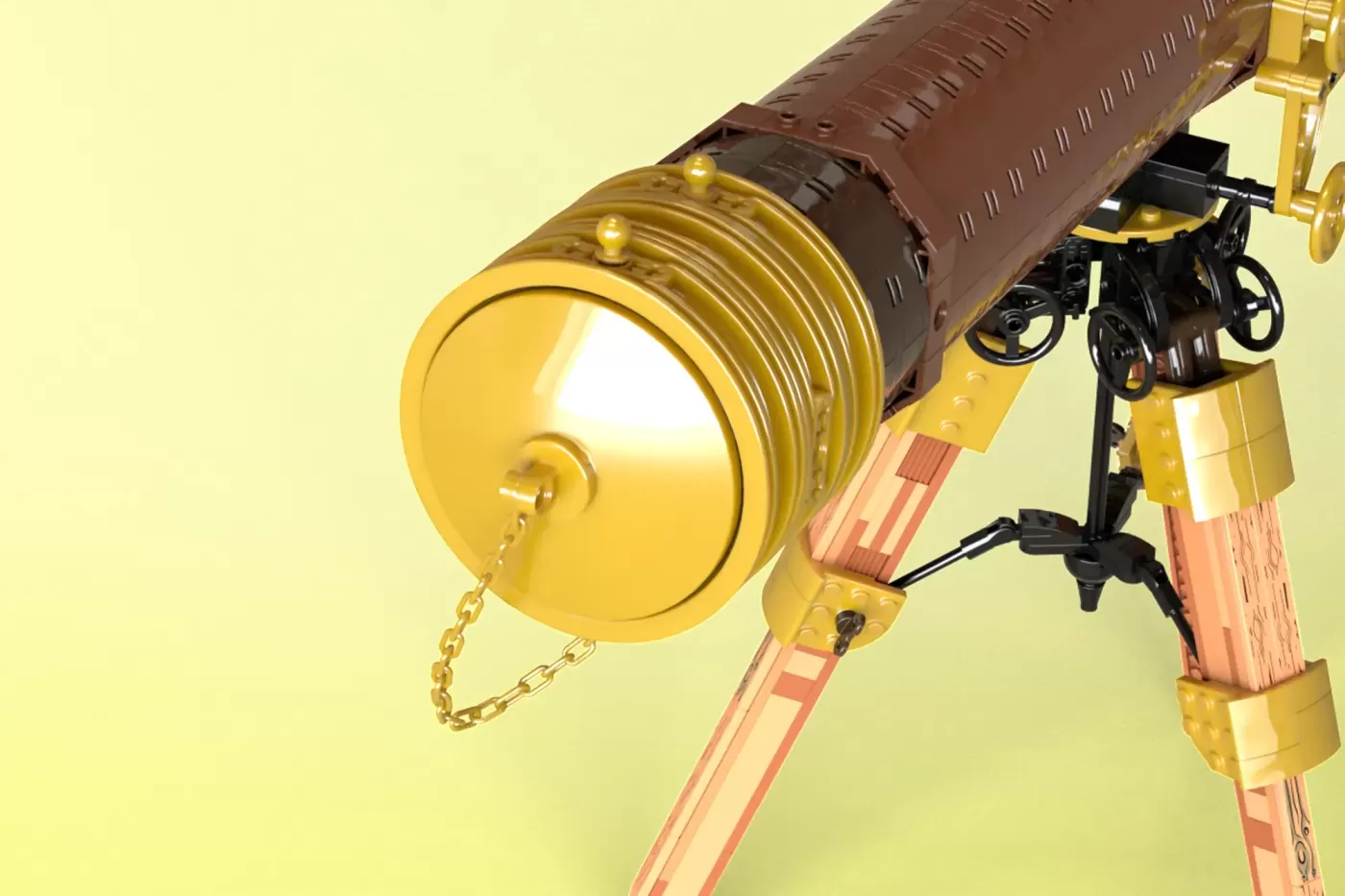Brass LEGO telescope with brown tube, yellow lens, and pink support legs against cream background.