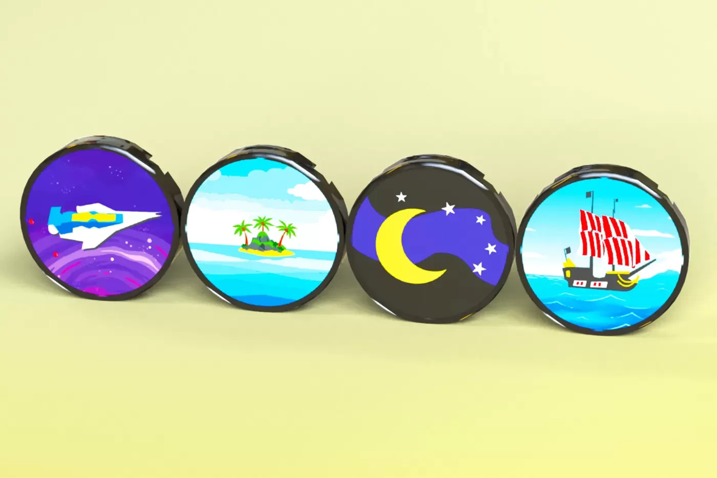 Four circular lens illustrations showing space, island, night sky, and pirate ship themes for a LEGO telescope project.