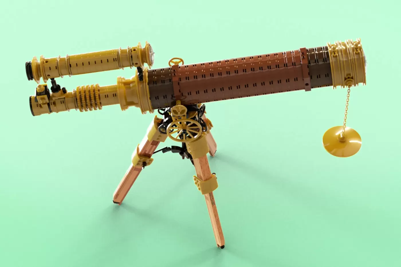 Vintage brass telescope on wooden tripod with gold weight, against mint green background.