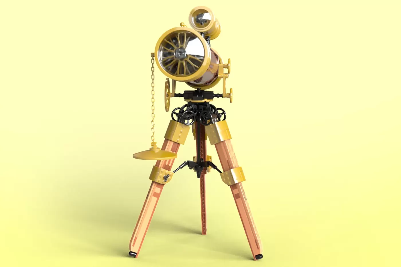 Vintage brass telescope on wooden tripod with working lens and adjustment mechanisms, displayed against yellow background.