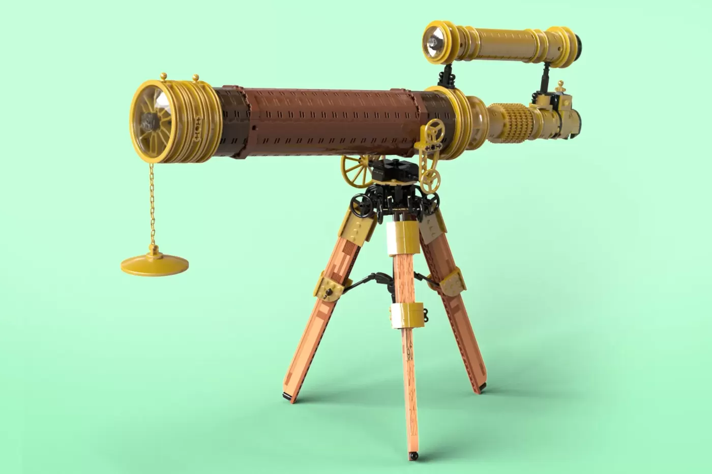 Vintage brass telescope on wooden tripod with eyepiece and weight, against mint green background.