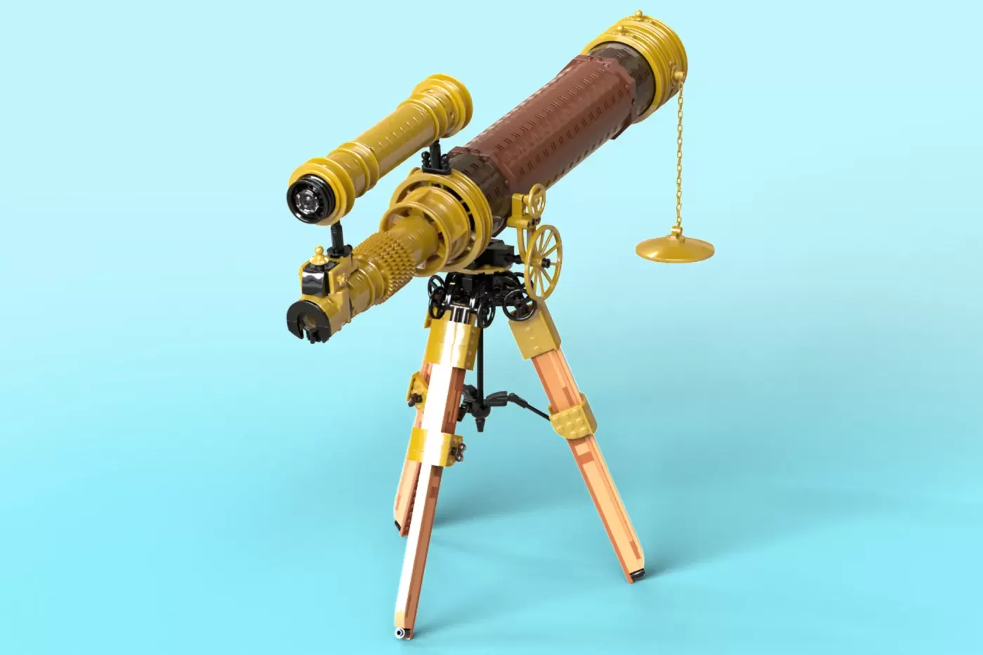 Ornate brass and leather vintage telescope on wooden tripod against light blue background.