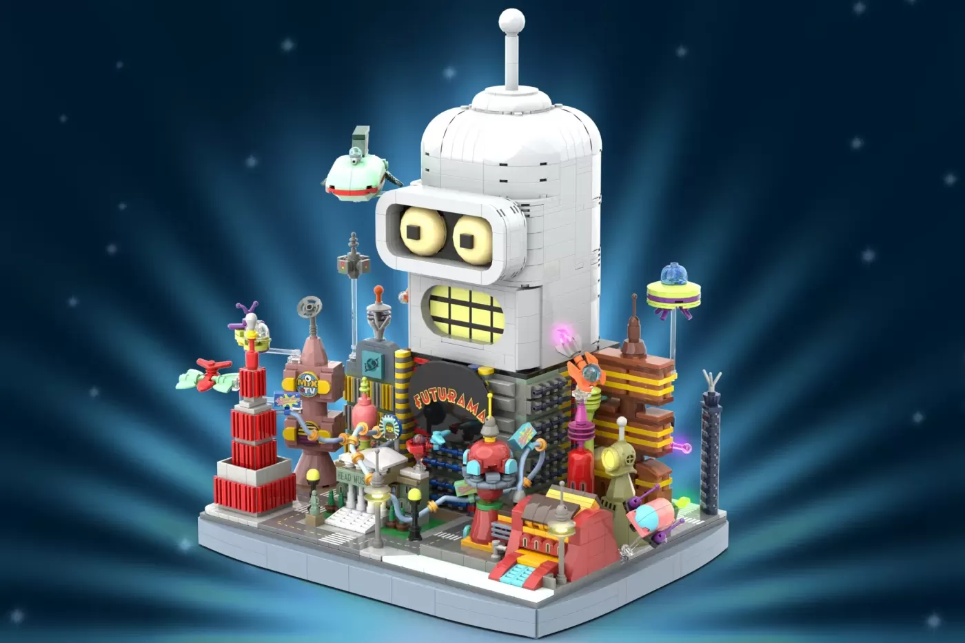 LEGO Futurama set featuring Bender's head tower with Planet Express building and colorful minifigures.