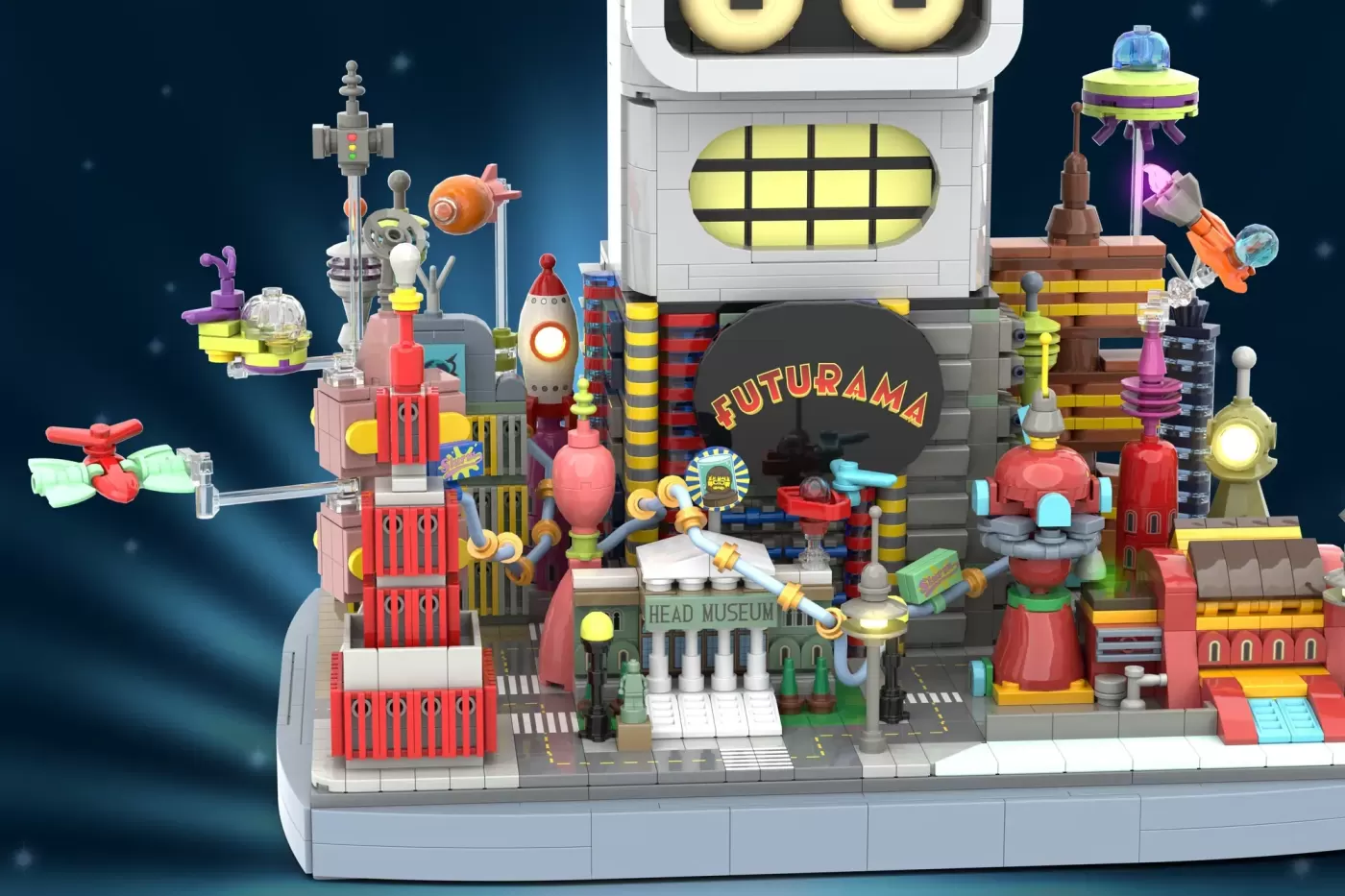 LEGO Futurama cityscape featuring Planet Express building, Bender's Head museum, rocket, and colorful futuristic architect…
