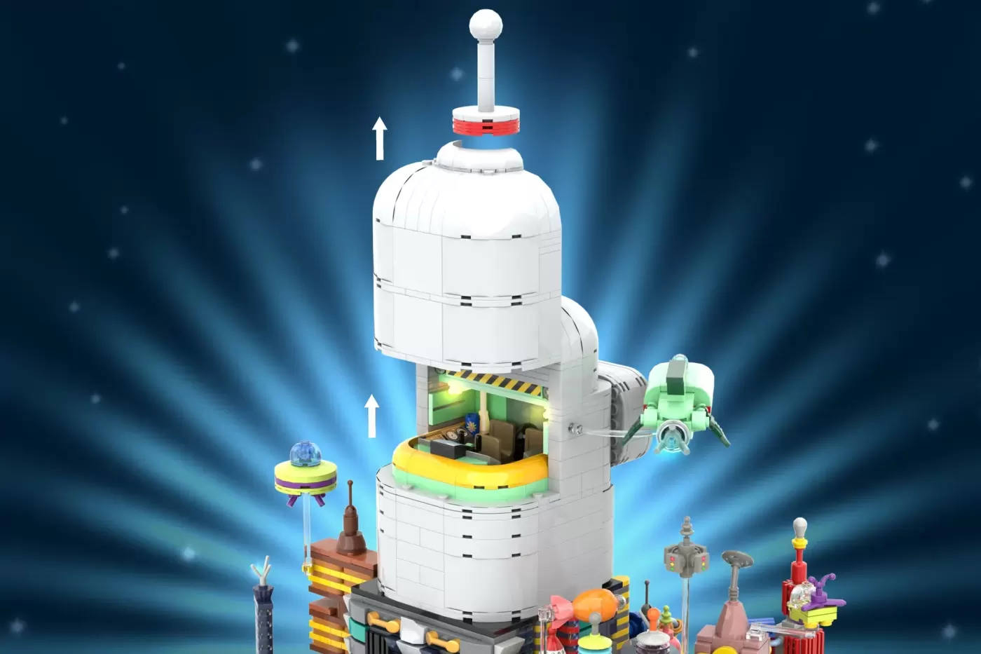 LEGO Planet Express building with stacked cylindrical sections, red joystick control, and minifigures displayed around the…