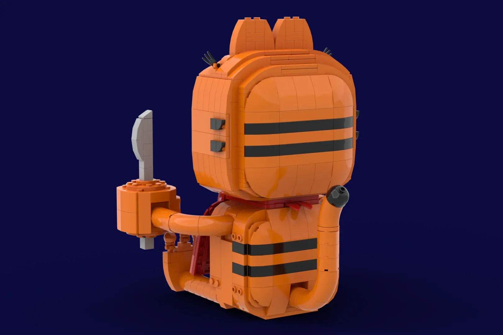 LEGO Garfield figure in orange with black stripes, holding a fork and lasagna, against blue background.
