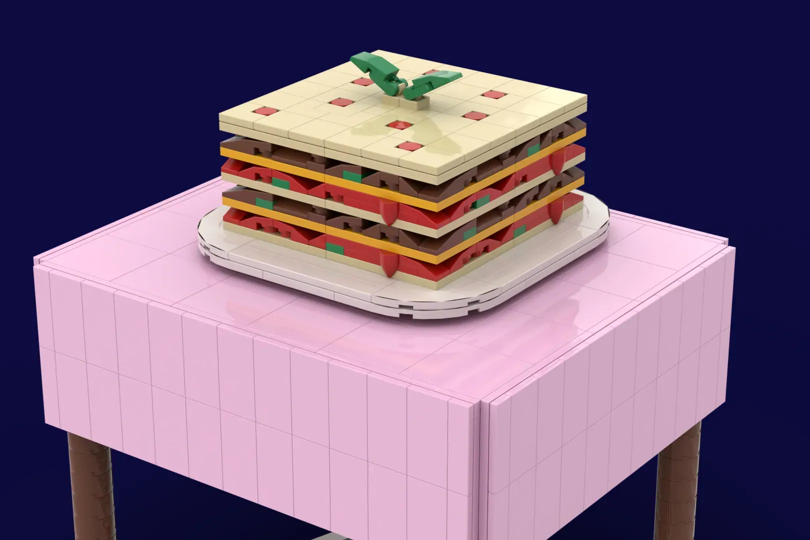 LEGO sandwich stack with green minifigure on top, displayed on pink table with blue background.