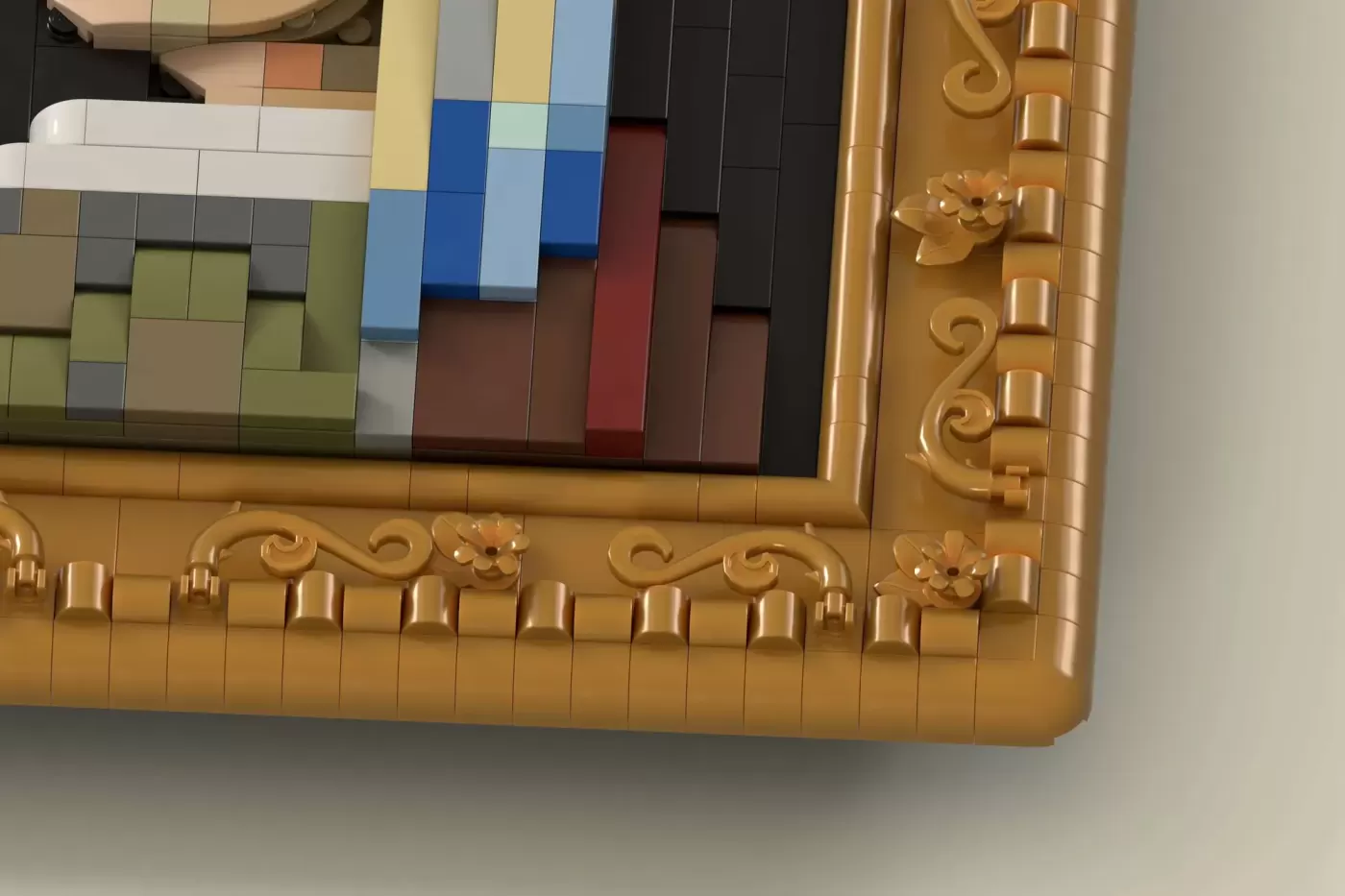 LEGO Art frame with golden decorative border displaying colorful tile mosaic portrait inspired by Vermeer's masterpiece.