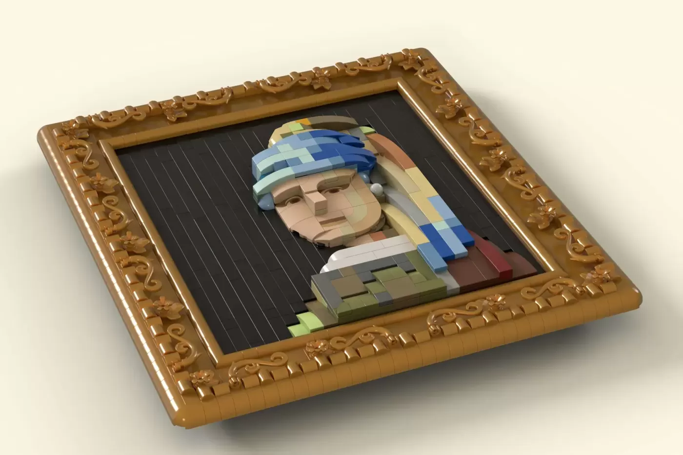 LEGO Art mosaic portrait of Girl with a Pearl Earring in ornate gold frame.