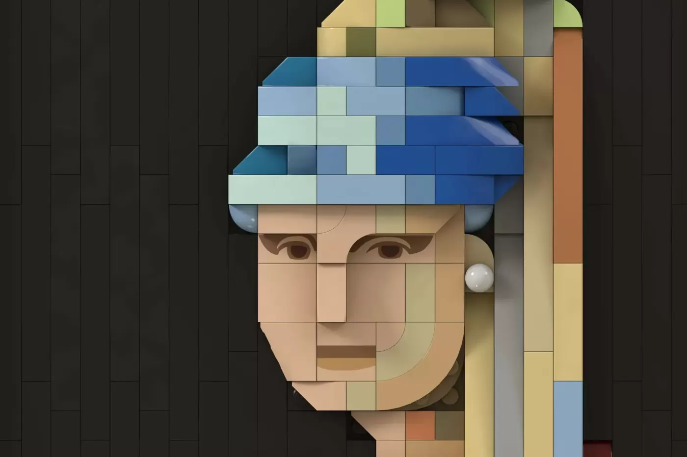 LEGO mosaic recreation of "Girl with a Pearl Earring" featuring blue headwrap and pearl earring details.